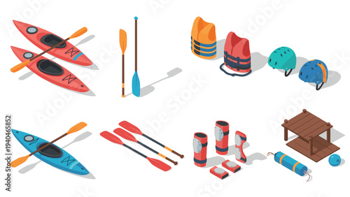 Outdoor adventure: kayaks, safety gear, and accessories in isometric design