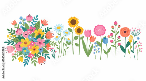 Colorful bouquet and garden flowers illustration featuring sunflowers and bright blossoms in a watercolor style