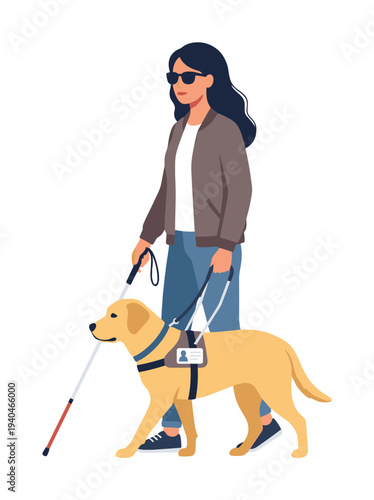 A blind woman accompanied by a guide dog