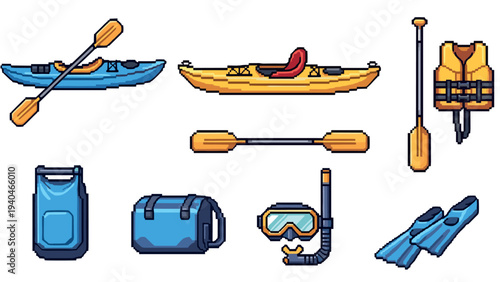 Pixel art summer sports equipment: kayaking and snorkeling gear icons