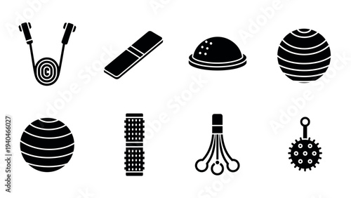 Collection of modern gadget silhouettes featuring cables, controllers, and tech spheres