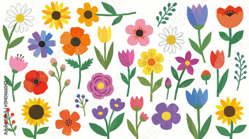 Vibrant watercolor floral garden illustration featuring colorful wildflowers, blossoms, and blooming petals