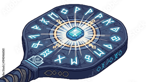 Magical rune stone with glowing gem in pixel art style