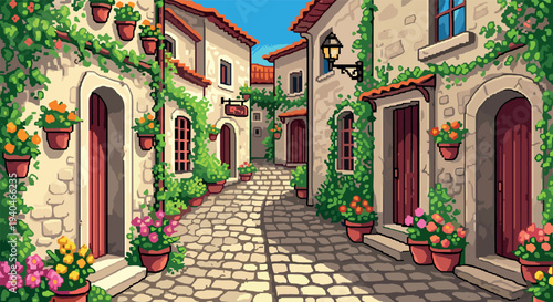 Charming mediterranean village street with colorful flowers and cobblestone path