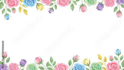 Vibrant floral border with colorful roses on white background for greeting cards and invitations