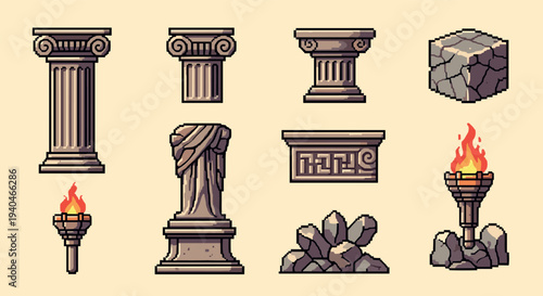 Retro pixel art of ancient greek ruins and architectural elements