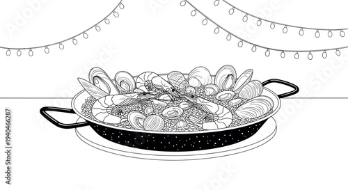 Intricate line drawing of seafood paella with decorative background