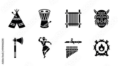 Indigenous cultural symbols set: drums, dance, and traditional icons in silhouette style