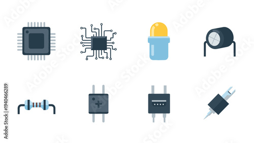 Modern technology components collection: microchips, leds, capacitors, and resistors in a flat style