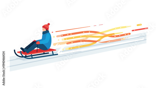 Winter sledding adventure: flat design of person on sleigh with motion effects