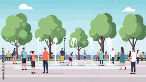 Sunny park day with families and kids near fountains and trees