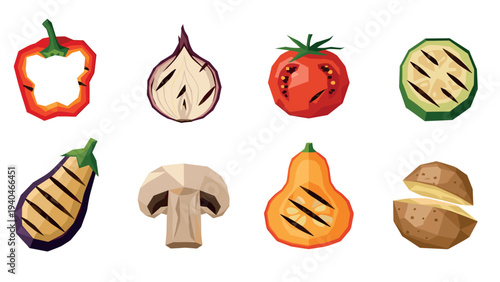 Geometric grilled vegetables: colorful low poly design of slice shapes for creative projects