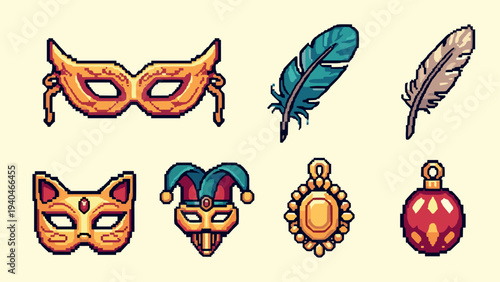 Colorful retro masks and festive elements in pixel art style