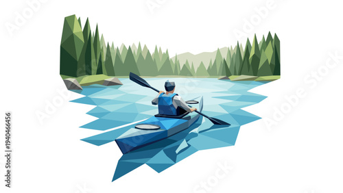 Geometric canoeing adventure on a lake surrounded by forest pines