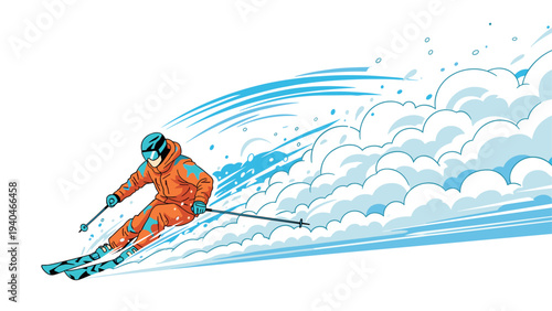 Dynamic skiing action in minimalist style with snow swirls and vibrant colors
