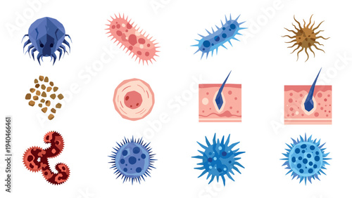 Colorful microbes and cells collection: bacteria, virus, skin, hair follicle, mite