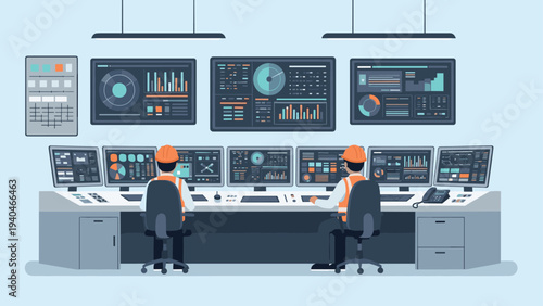 Control room operators monitoring data on multiple screens in a modern technology setting