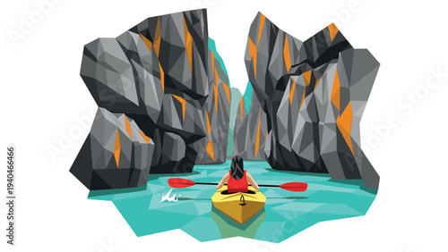 Low poly kayaking adventure through stunning geometric rock formations