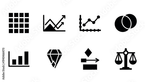 Minimalist business icons: charts, graphs, and scales in black silhouette style