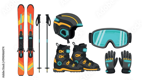 Modern ski gear collection featuring boots, poles, helmet, goggles, and gloves