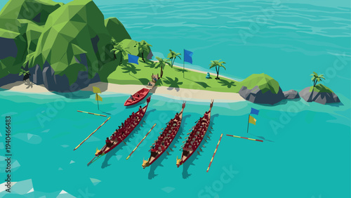 Dragon boat race in tropical island setting with low poly art style