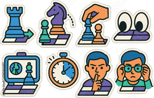 Colorful chess scene stickers with emoji faces and game strategy elements