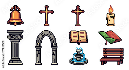 Pixel art religious and historical items set with decorative elements