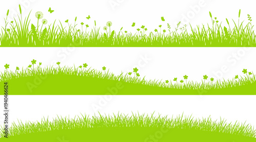Vibrant green grass banners with three decorative lawn strips on a white background for nature, garden, and spring design