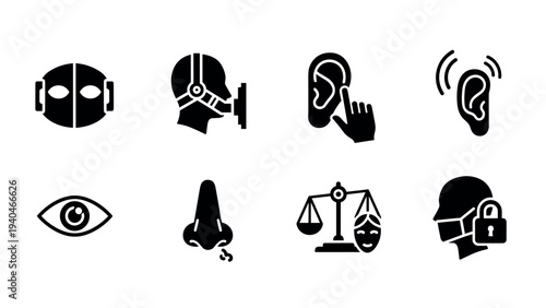 Sensory icons set: vision, hearing, smell and safety in bold black design