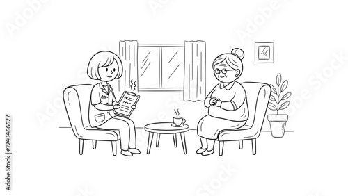 Friendly discussion between nurse and elderly woman in cozy living room scene