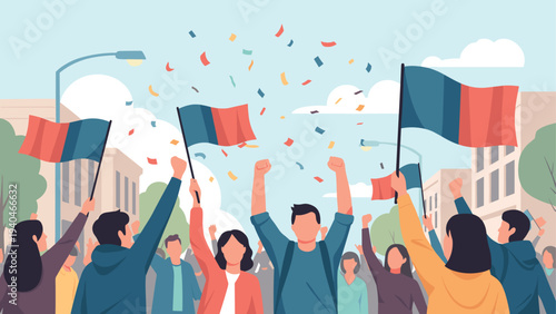 Group celebration in urban setting with flags and festive atmosphere