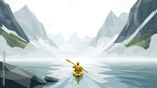 Geometric mountain landscape with kayaker in yellow canoe on tranquil lake