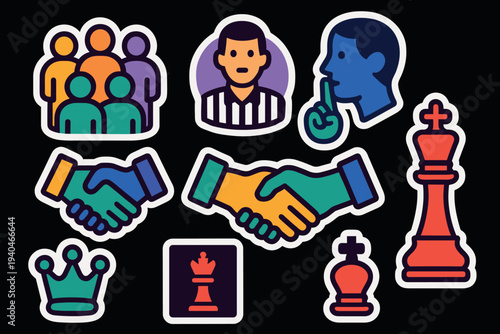 Colorful sticker icons featuring chess and teamwork with a referee theme