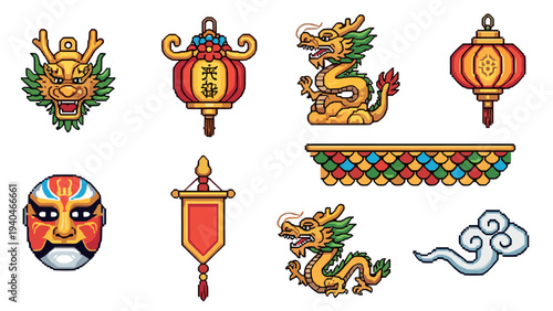 Pixel art chinese dragon and lantern illustrations with traditional elements