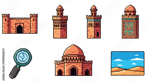 Pixel art historic architecture set with desert scene and magnifying glass