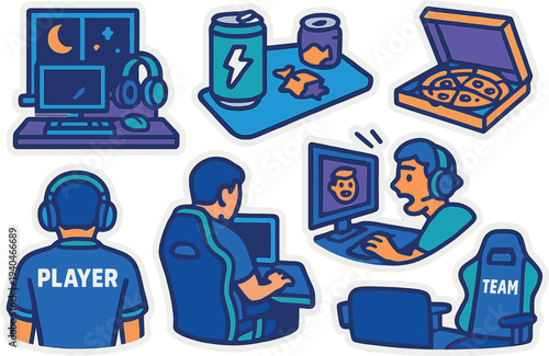 Colorful gamer lifestyle icons: gaming setup, snacks, and team spirit