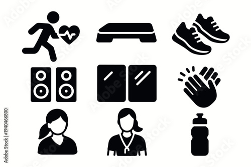 Fitness icons set: running, aerobics, sneakers, and accessories in silhouette style