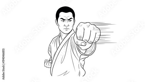 Dynamic black and white martial artist punch with motion lines