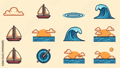 Retro pixel art marine icons featuring sailboats, waves, and sunsets