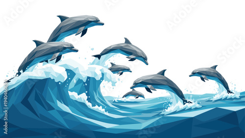 Low poly dolphins leaping through ocean waves in geometric art style