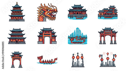 Traditional chinese architecture and culture icons in pixel art style