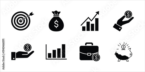 Financial and business icons set including target money bag graph and briefcase