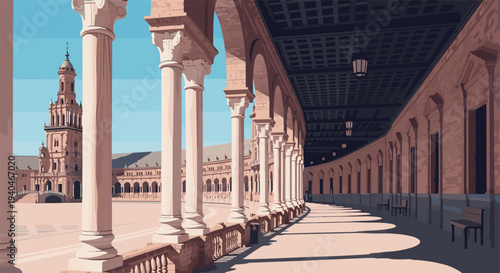 Architectural beauty of historic plaza with majestic columns and shadows