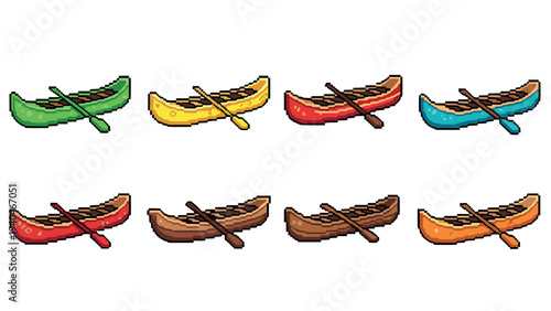 Colorful pixel art canoes with paddles in retro style