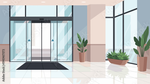 Modern office lobby with glass doors and indoor plants in flat design