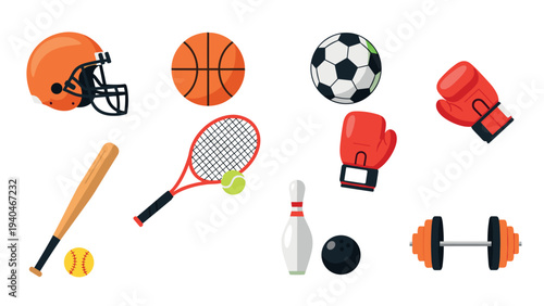 Colorful sports equipment collection featuring soccer, basketball, tennis, and more