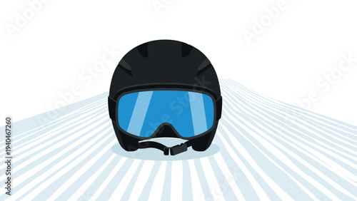 Ski helmet and goggles on stripe pattern background: winter sports gear concept