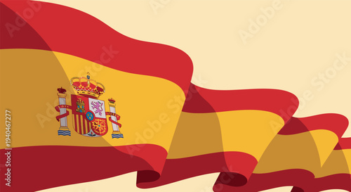 Waving spanish flag with emblem on red and yellow background