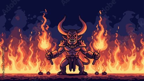 Pixel art demon surrounded by flames in a retro style