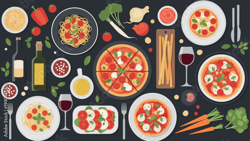 Italian cuisine fusion with pizza and pasta in flat design, perfect for foodie enthusiasts